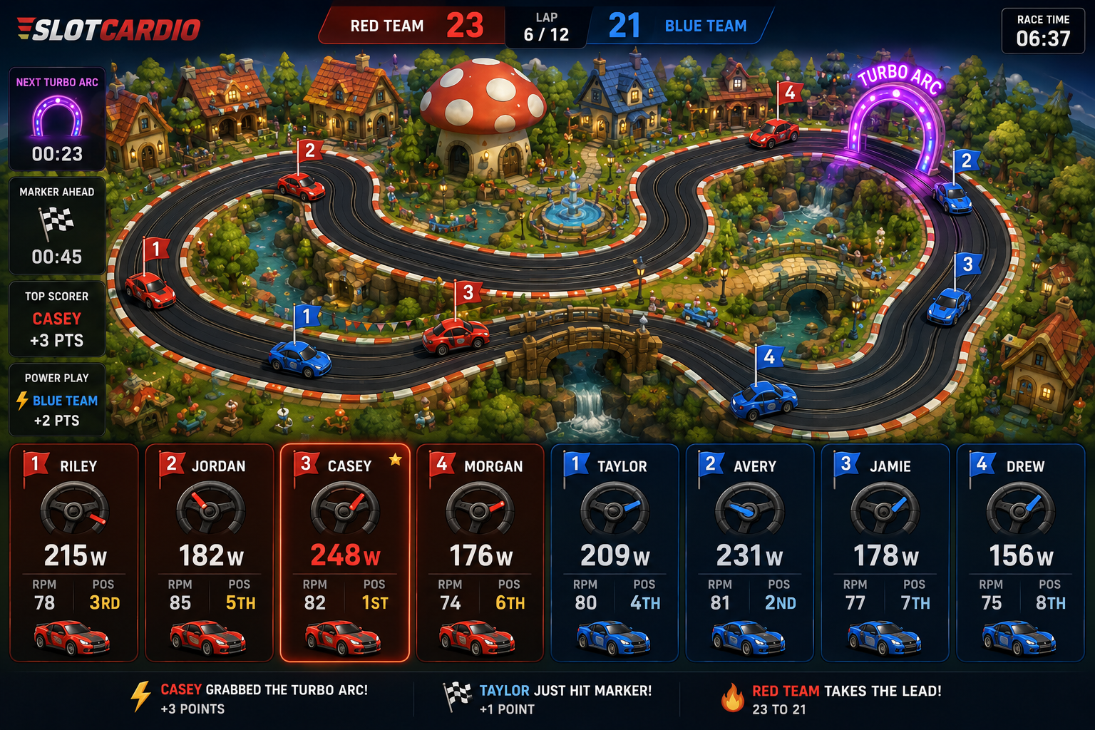 SlotCardio AirPlay race display concept with toy-world track, team scoring, and rider watt tiles.