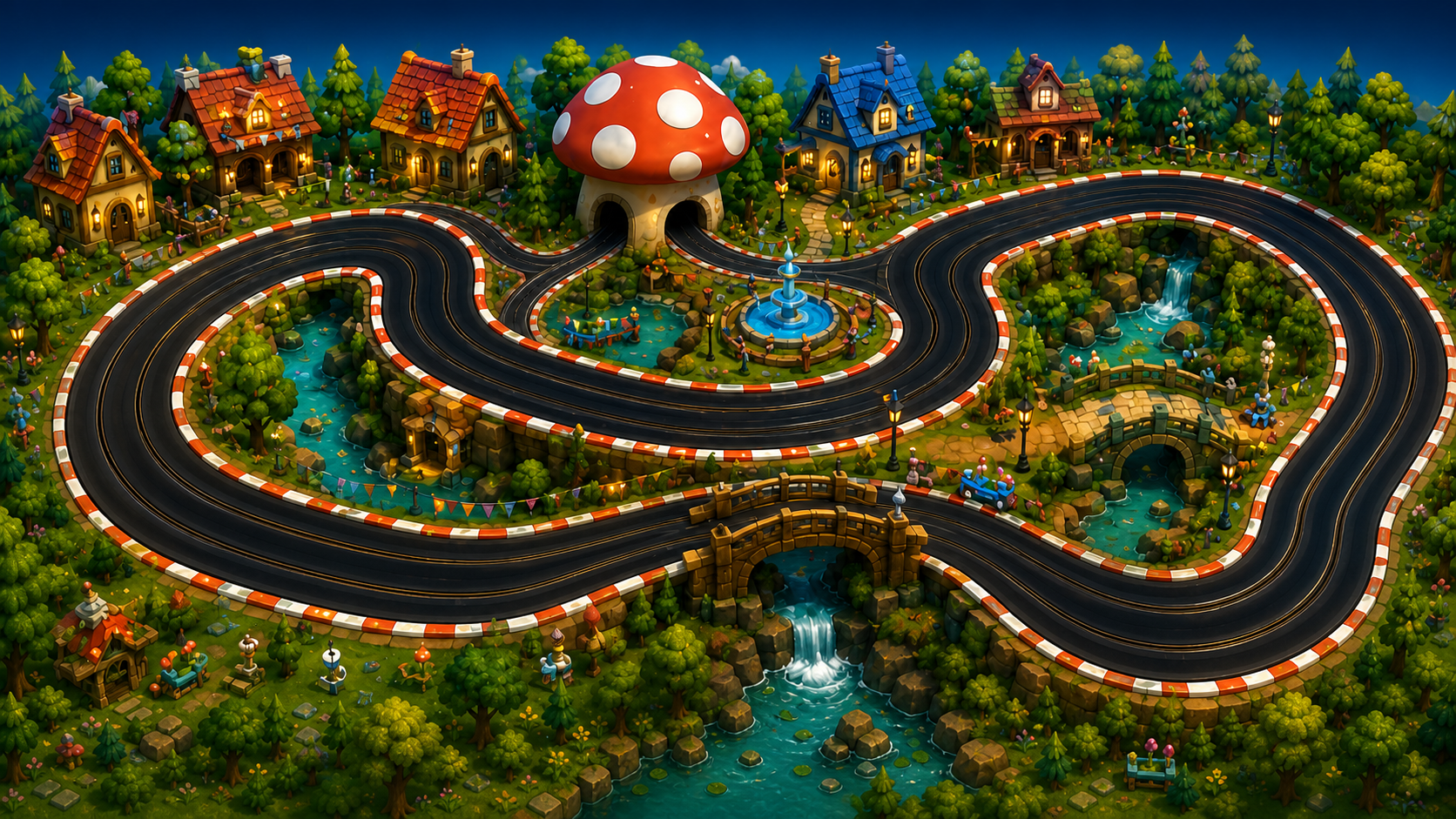 Current SlotCardio toy-world track artwork with the mushroom house, bridge, and village scenery.